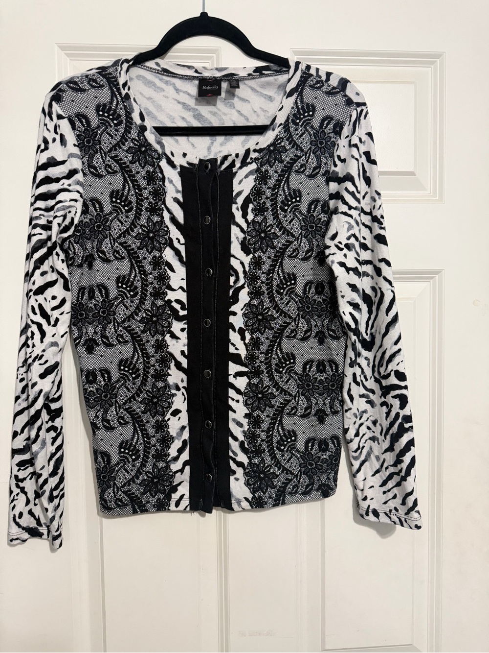 Rafaella Black and White Floral Lace-Print Button Front Cardigan